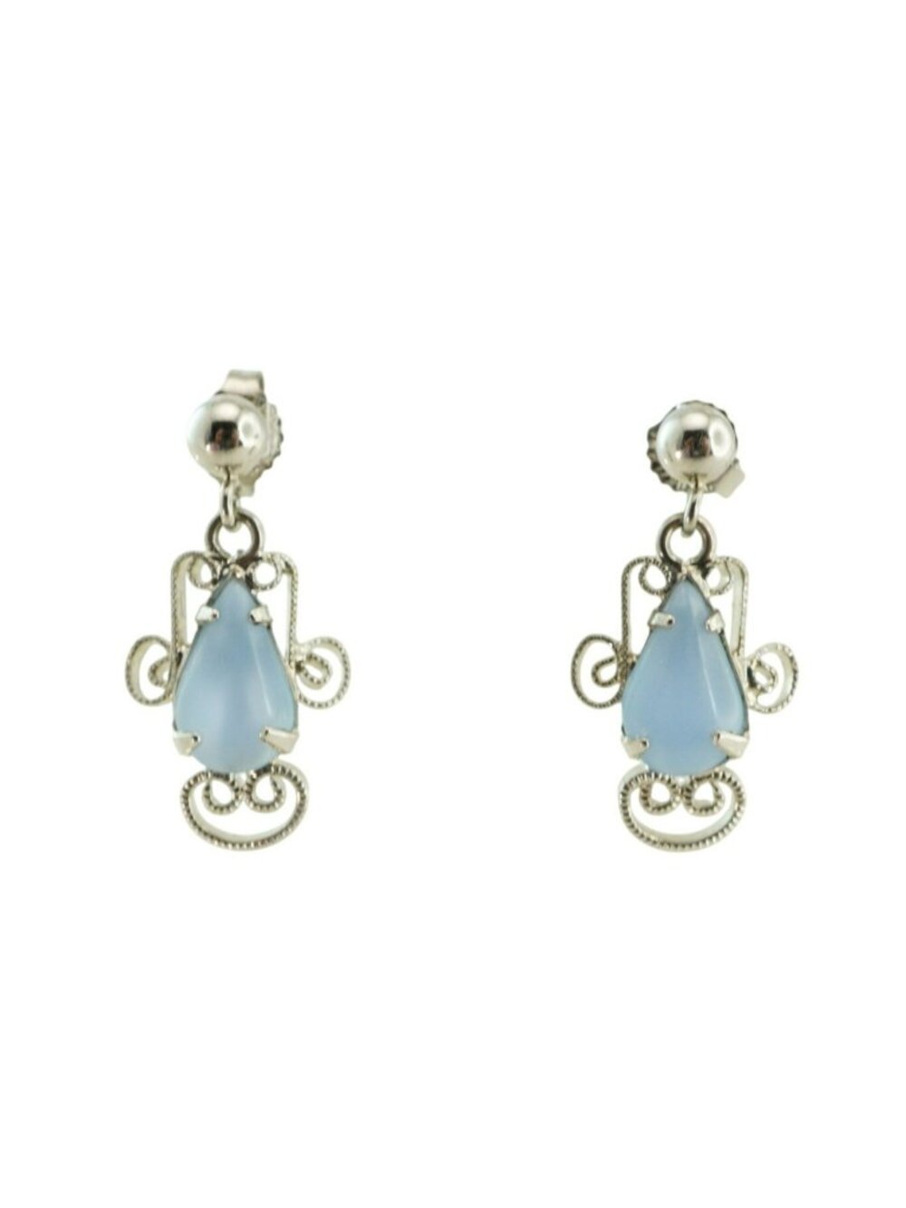 Vintage Silver Tone Light Blue Glass Drop Earrings Ornate Swirl Dangle